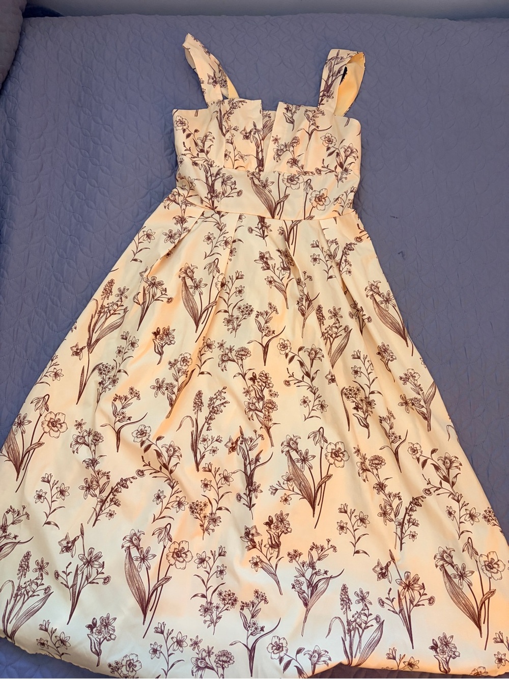 SHEIN Butter Yellow Midi Dress with Brown Floral Print